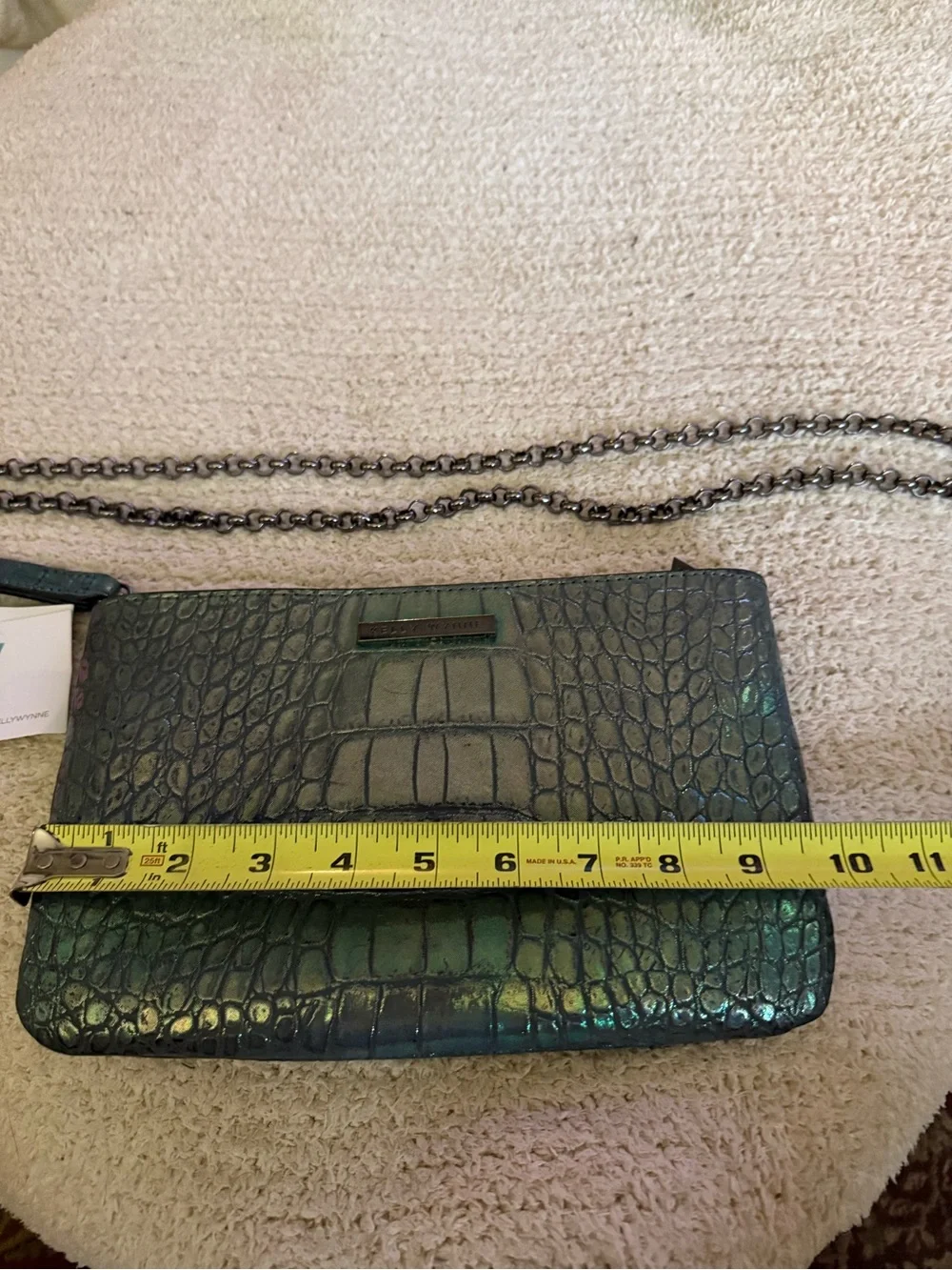 Kelly Wynne Iridescent Green Croc-Embossed Clutch Wallet with strap